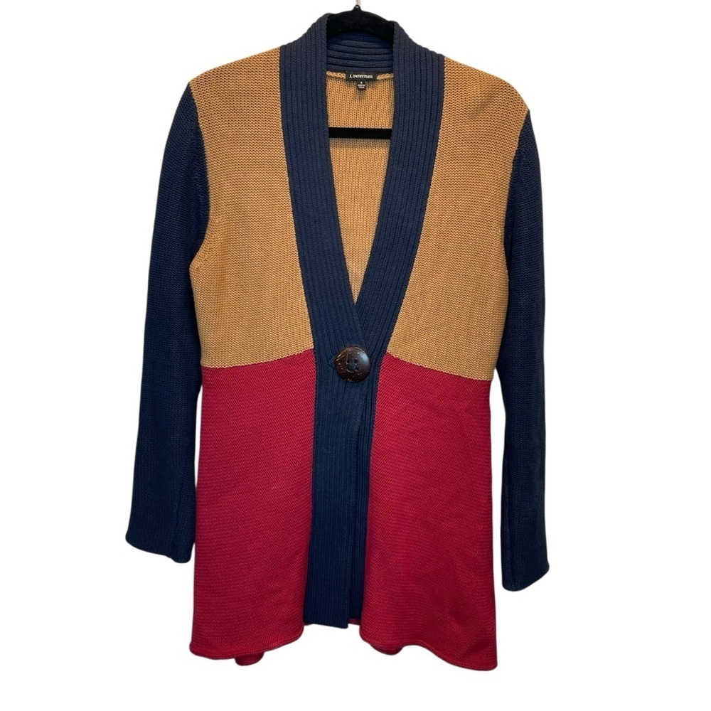 J. Peterman Color Block Cardigan Blue Red Gold 100% Cotton Small
